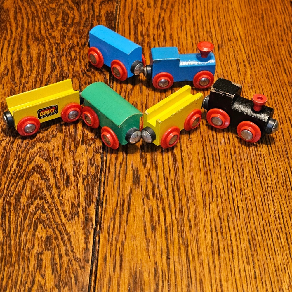 Vintage BRIO Wooden Train Set 6 Piece Magnetic‎ Railway Cars Engines Sweden